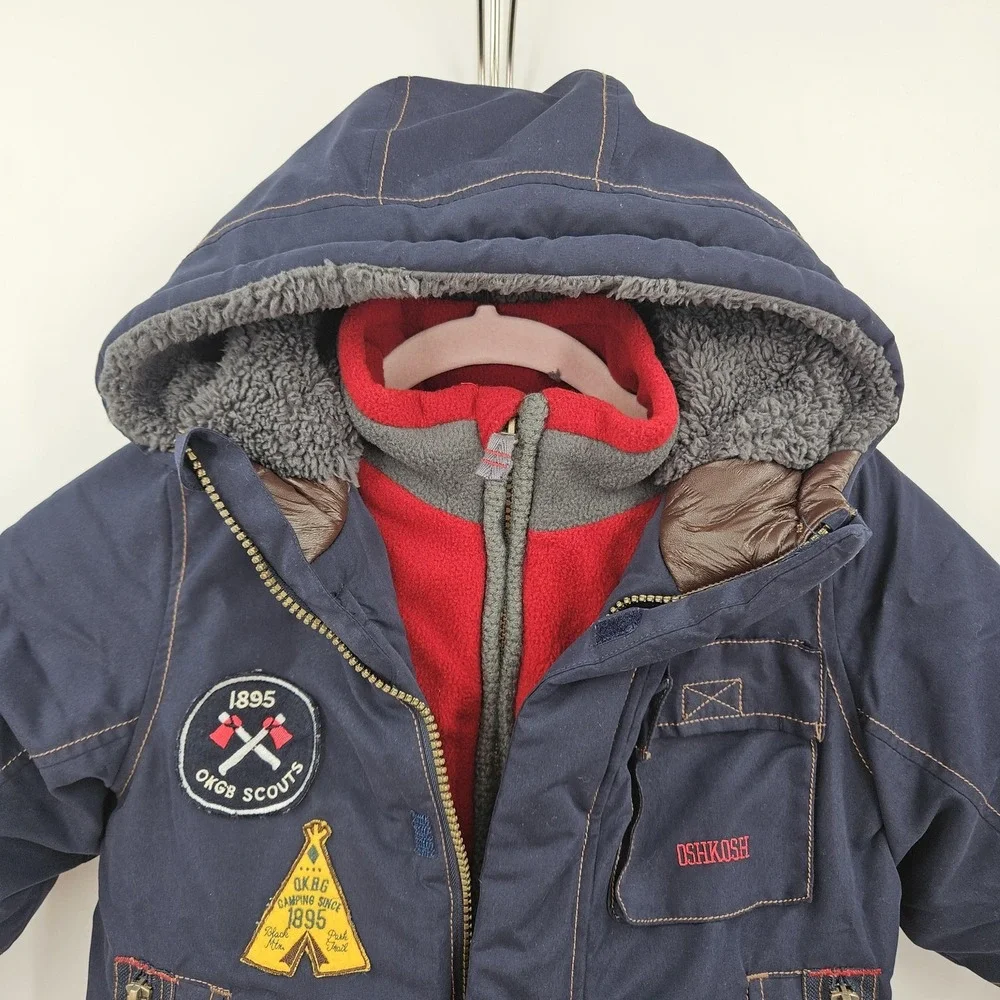 OshKosh B'gosh Jacket Boys 4 Navy Hooded Fleece Lined Parka Patches B213JS2-SA‎